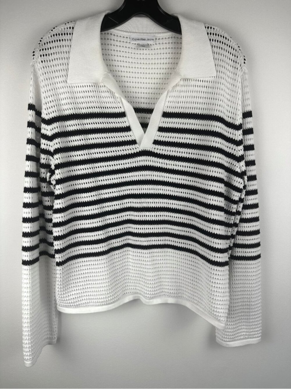 Calvin Klein Jeans Women’s Open Knit Striped Polo Sweater White Black Size M - Picture 1 of 5